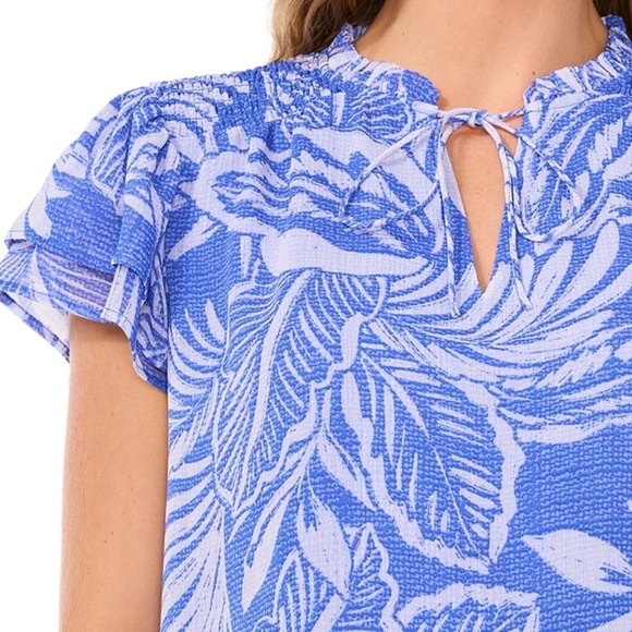 CeCe Blue Tropical Leaf Print Flutter Sleeve Blouse – Size XL - Picture 1 of 4